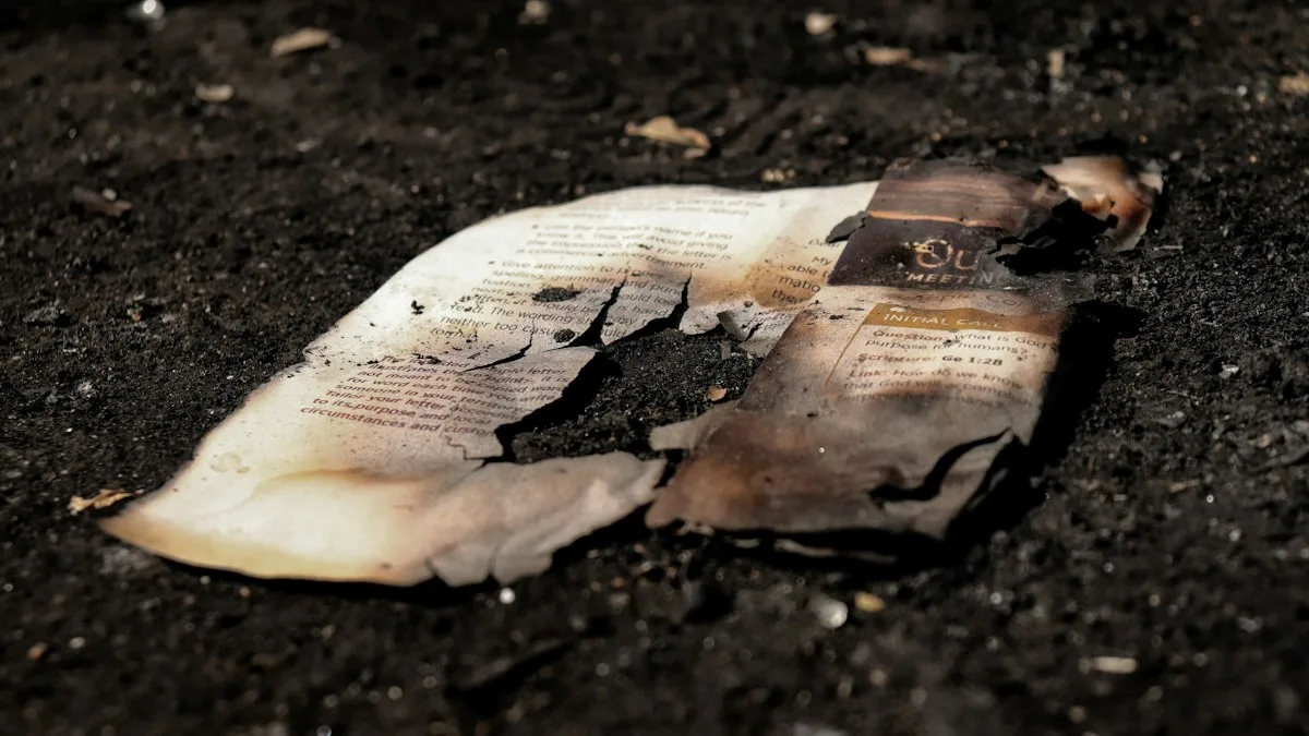 A sheet of printed paper, scorched and burnt through at one edge, lying on dark ash