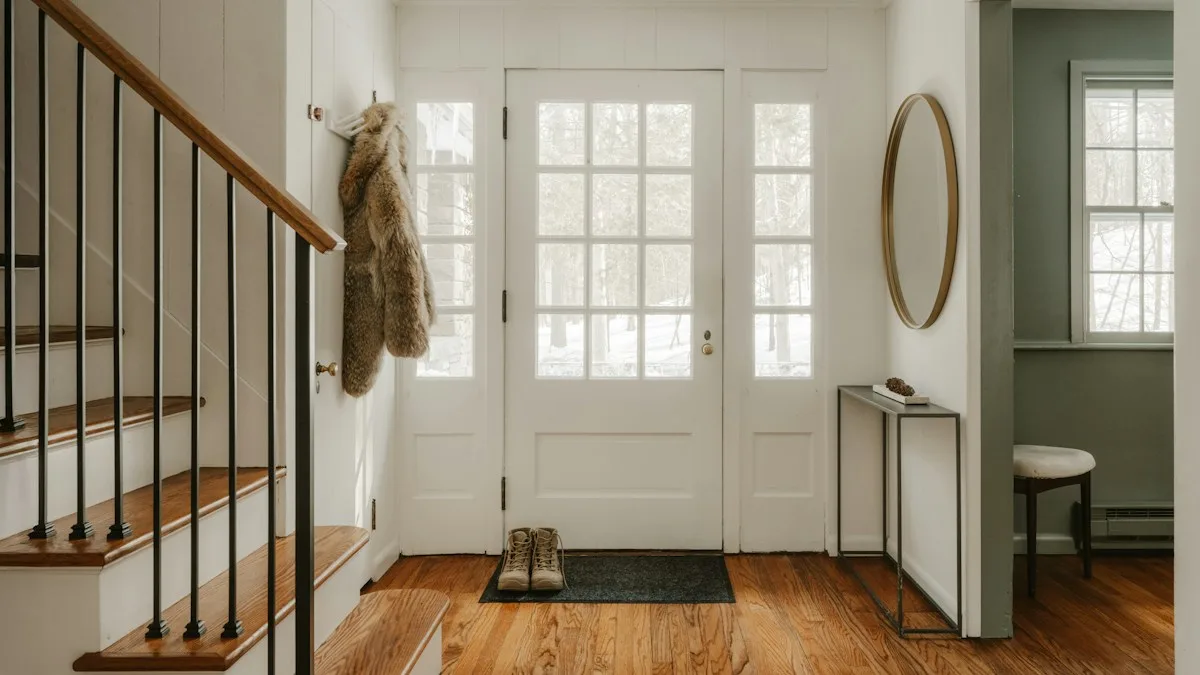 A bright entrance hall with a wooden staircase, a coat on a hook and a glazed front door