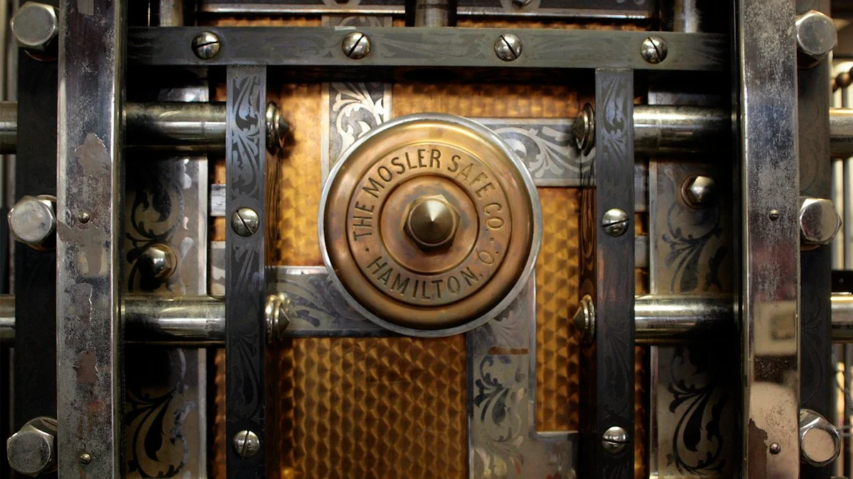 Close-up of the steel locking mechanism and dial on an old bank vault door