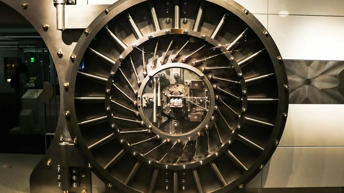 The round steel door of a bank vault, with its locking bolts visible